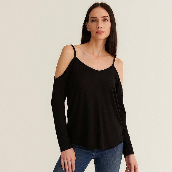 Anna Kaci NEW Black Cold Shoulder Long Sleeve V Neck Casual Top Size XL - Picture 1 of 3